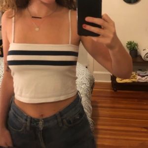 Cropped White Tank Top w Navy Stripes